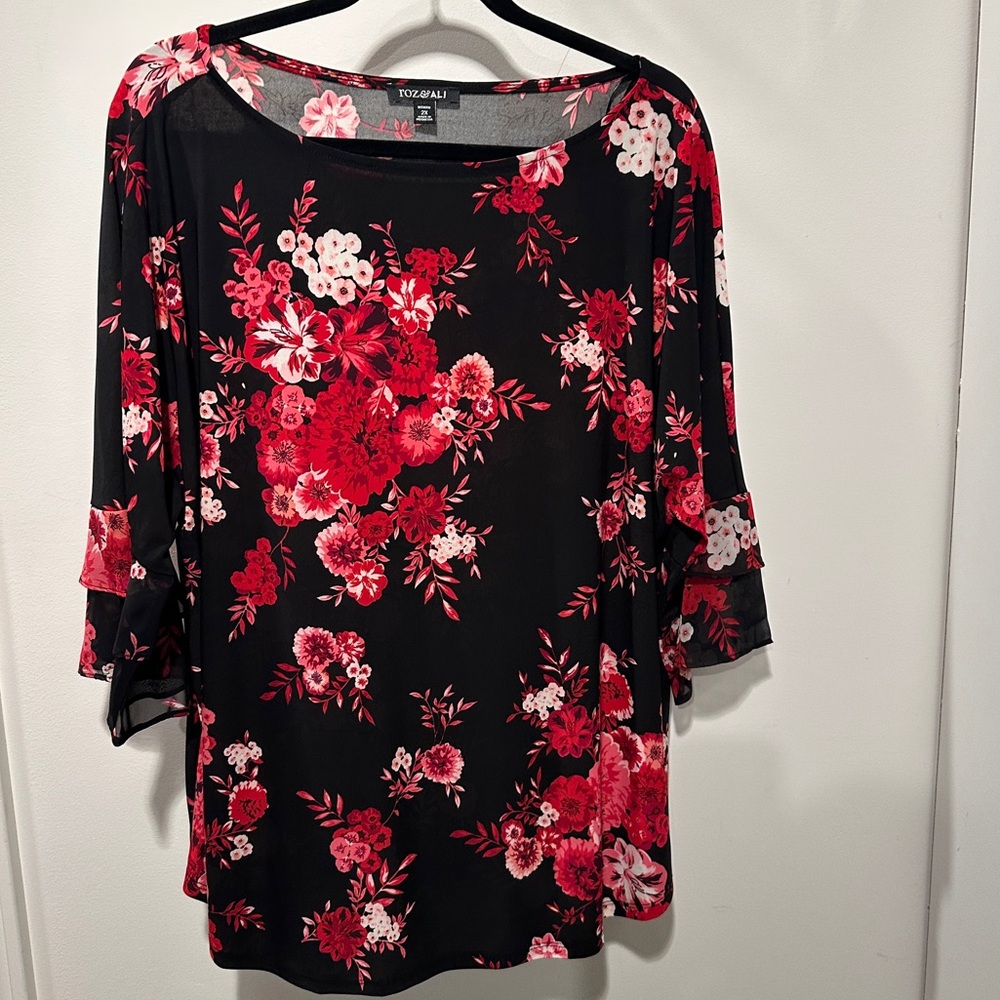 Roz & Ali Black and Red, Pink  Floral Print Blouse 2X